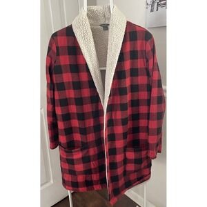 Eddie Bauer Cardigan Women's Red Plaid Open Front Shrug Sherpa Lined LS Size Sm